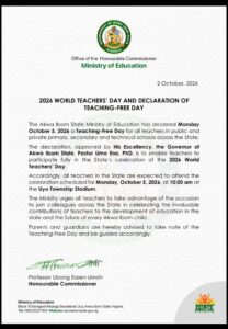 Akwa Ibom Declares Monday Teaching-Free Day for World Teachers’ Day