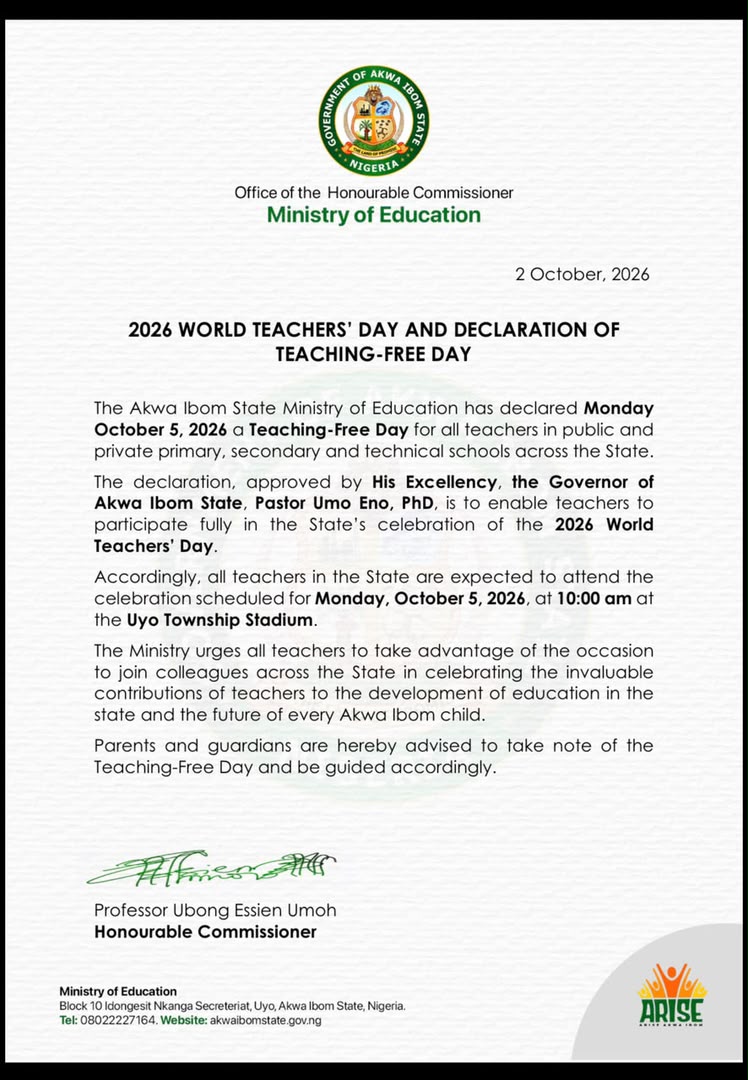 Akwa Ibom Declares Monday Teaching-Free Day for World Teachers’ Day